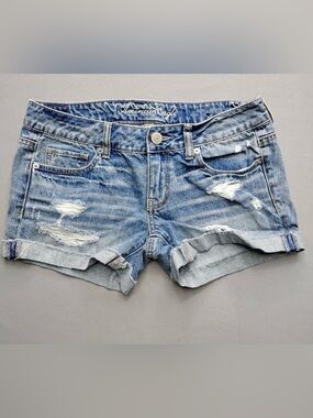 American Eagle Outfitters Blue Distressed Denim Jean Shorts